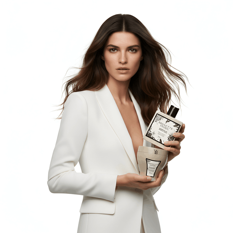 Brunette Beauty Box aperta con prodotti di bellezza per capelli castani