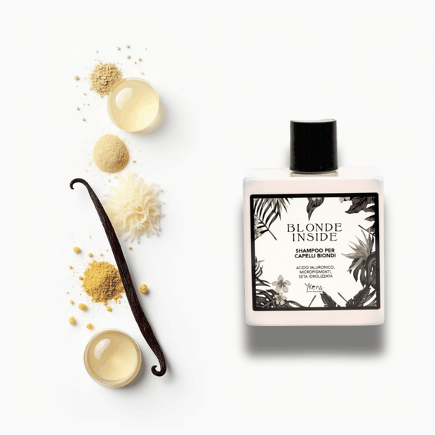 Flacone di shampoo per capelli biondi Blonde Inside con formula idratante e protezione colore