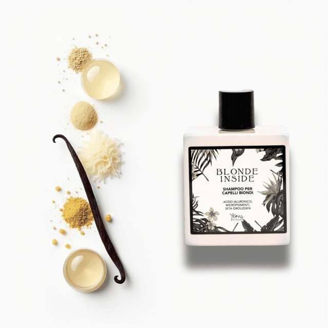 Flacone di shampoo per capelli biondi Blonde Inside con formula idratante e protezione colore