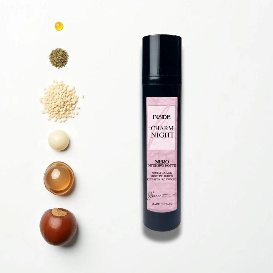 Bottiglia cilindrica nera con etichetta rosa che presenta il testo 'inside charm night' e ingredienti italiani elencati, marchiata da ylina beauty.