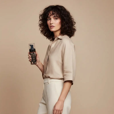 Una bottiglia elegante e trasparente con un pompetta nera e un'etichetta ornata contiene una schiuma marrone scuro.