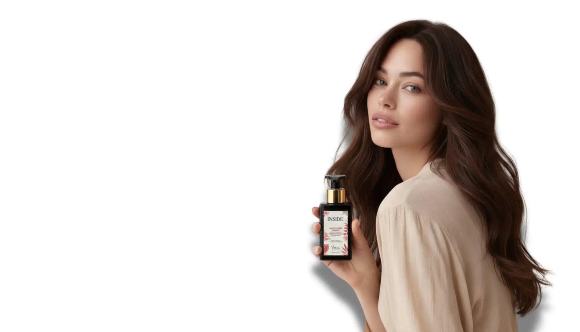 Bottiglia nera con pompa dorata ed etichetta bianca con il nome del marchio 'inside'