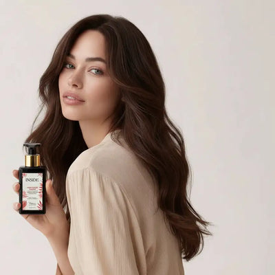Bottiglia nera con pompa dorata ed etichetta floreale che contiene il prodotto per la cura dei capelli del marchio 'inside'.