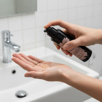 Bottiglia a pompa nera con etichetta rosa e bianca, contenente un liquido chiaro.