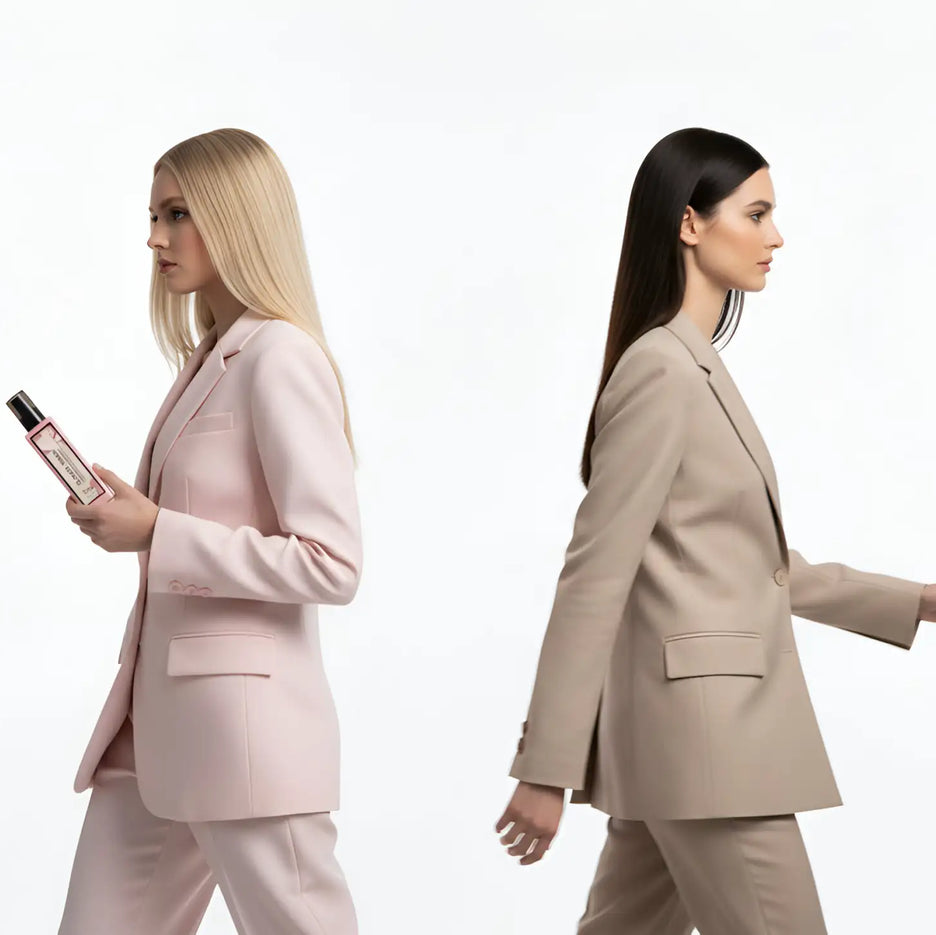 La bottiglia è un profumo elegante a forma rettangolare con tappo nero ed etichetta rosa.