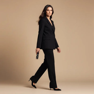 Completo sartorial nero con taglio moderno e lucido e lucentezza sottile.