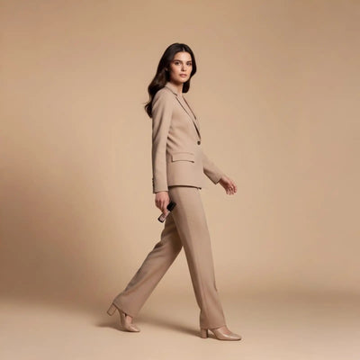 Completo sartoriale beige con blazer strutturato e pantaloni a gamba larga coordinati.