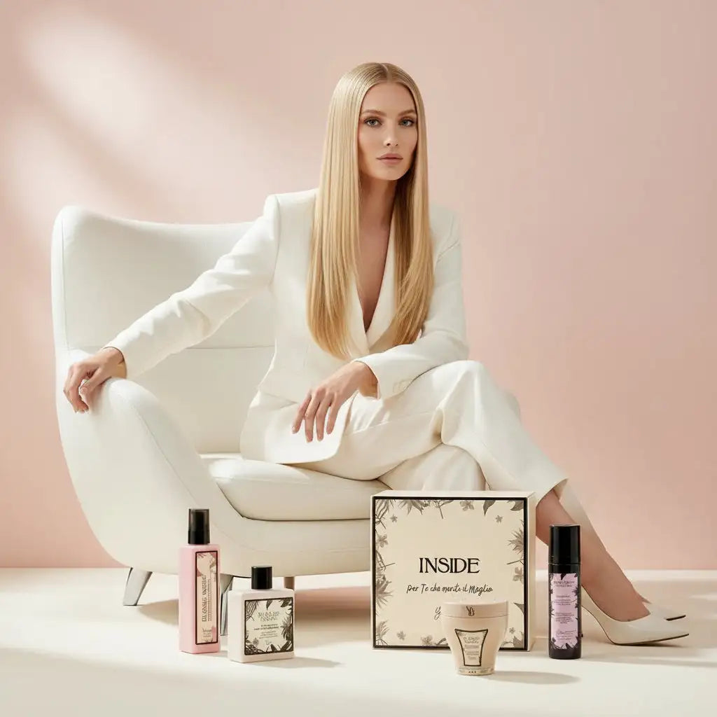 Una donna in abito bianco siede elegantemente accanto a un set regalo di bellezza marchiato 'inside' con bottiglie assortite e una scatola decorativa con motivi botanici.