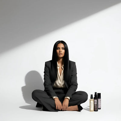 Un elegante blazer nero con vestibilità sartoriale e lucentezza sottile, abbinato a pantaloni coordinati.