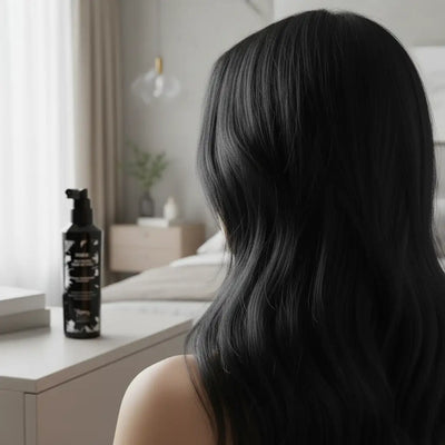 Una elegante bottiglia nera con un dispenser a pompa e etichettatura bianca si trova sul comodino.