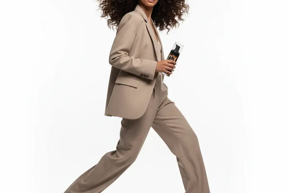 Una elegante bottiglia spray trasparente con pompa nera ed etichetta con accenti dorati.