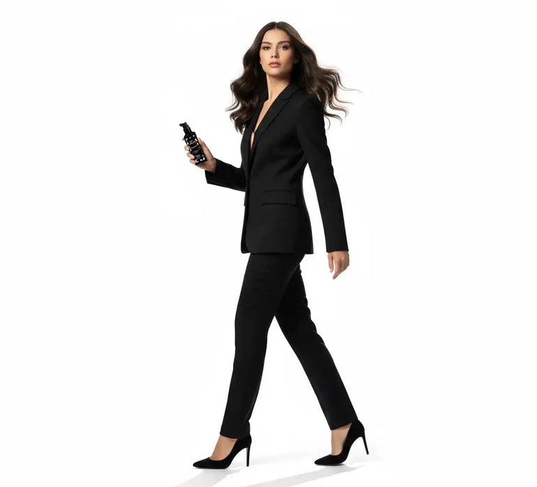 Flacone spray nero lucido con finitura opaca e design minimalista