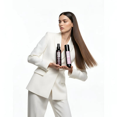 Flaconi spray neri con etichette rosa tenuti nelle mani di una donna