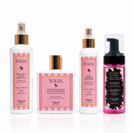 Routine capelli biondi estate Ykena Soleil con spray shampoo latte e mousse blonde inside pink cloud