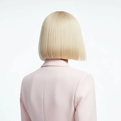 Un taglio bob biondo liscio e dritto, con una linea netta e uniforme e una texture liscia.