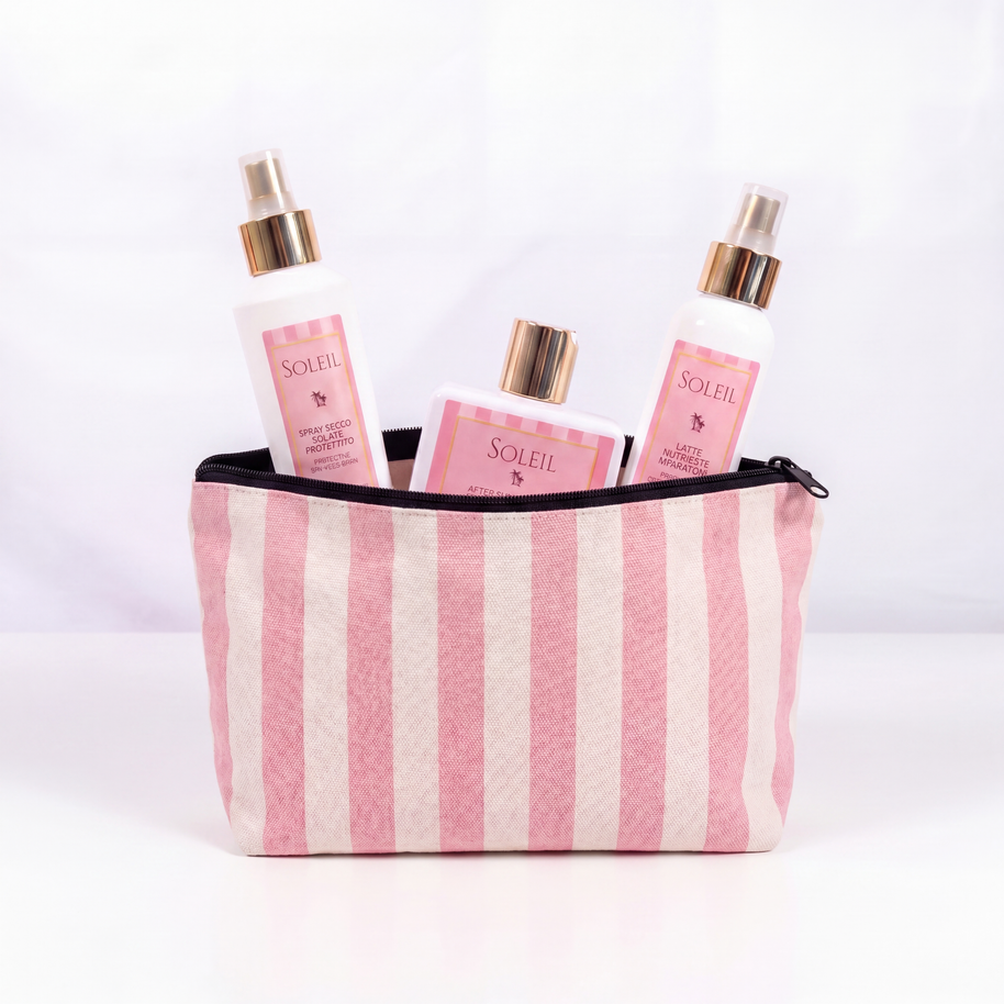 Beauty bag Ykena Soleil con shampoo spray solare latte nutriente e pochette rosa estate